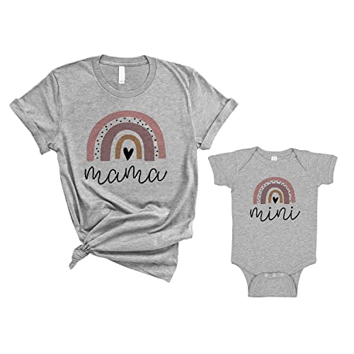 Rainbow Mama and Mini Mommy and Me Matching Shirt with Baby Grey Pair Set of 2 (MamaTee-M+MiniBodysuit-12M)