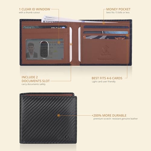 Image of Oak Leathers Slim Leather Wallet for Men - RFID Blocking Slim Minimalist Front Pocket - Thin & Stylish with ID Window, Gift For Men (Black Carbon /Cognac)