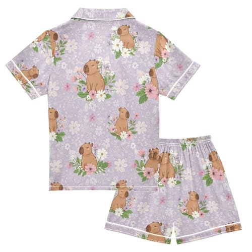 Satin Pajama Sets Short Sleeve Cute Animals Among Flowers Button Down Silky Nightwear 2 Piece PJS 5-14Y2