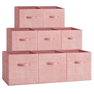 SONGMICS Storage Cubes, 33 cm Non-Woven Fabric Bins with Double Handles, Set of 8, Wardrobe Organisers for Shelves, Foldable, for Clothes, Jelly Pink ROB833R01