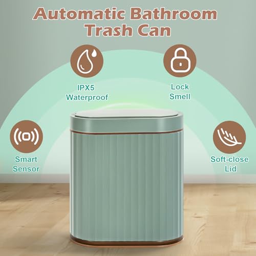 Image of ELPHECO Plastic Touchless Trash Can, Small, Gold, Motion-Sensor, Rectangular, Bathroom, Bedroom, Kitchen, Office (Sage Green, 2 Gallons)