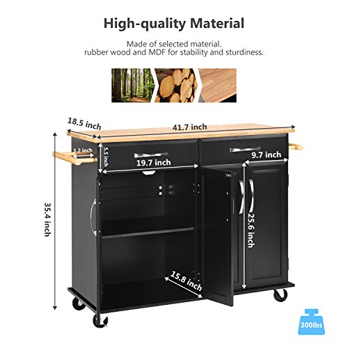 Kitchen Island on Wheels Kitchen Cart Trolley with Storage, Drawers, Cabinet, Towel Rack and Rubber Wood Top Kitchen Cart with Lockable Wheels for Home Hotel Kitchen Dinning Room, Black