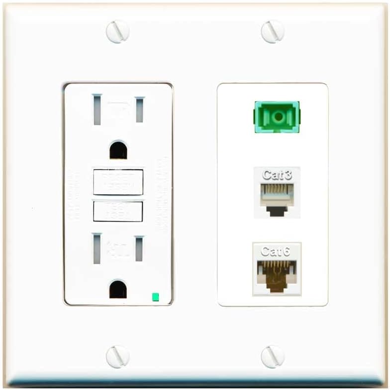 RiteAV 1 Port SC APC Simplex Phone and Cat6 Ethernet Wall Plate - GFCI Outlet [Screwless White]