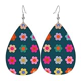 Pendientes Colgantes Flores Abstractas Coloridas, Flores Retro Azul Marino Modernos Pendientes De Lágrima Moda Aretes De Cuero Con Forma Para Vida Cotidiana Vacaciones Bodas