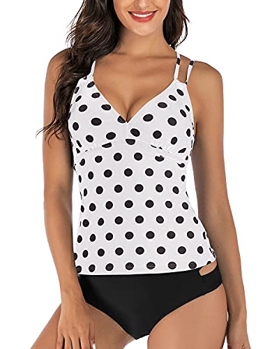HAIVIDO Women's Tankini Set Criss Cross Back Two Piece Bathing Suits V Neck Tankini Top with Bikini Bottom White Polka Dot M