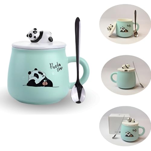 Image of NYRWANA Coffee Mug, Birthday Gifts for Women, Mugs for Present, Rakshabandhan Gift for Brother & Sister, Ceramic Mug, Cute Coffee Mugs, Panda Mug with Lid & Spoon (Green-350 ml)