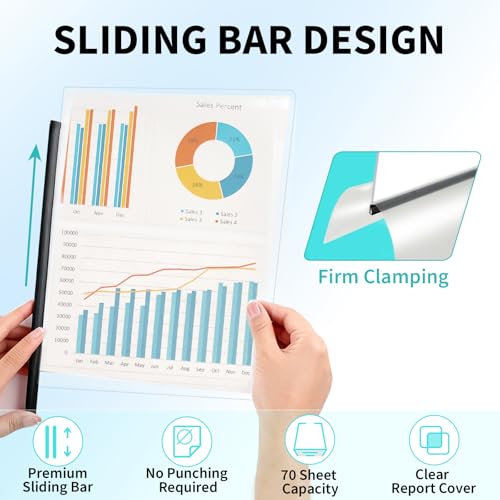 Image of Binditek Clear Report Covers with Sliding Bars, 70 Sheet Capacity, 12 Pack | Clear Report Covers for A4 and Letter Size, 9mm Binding Bars, 5.5 Mil Thick, for Resumes, Presentations, School and Business