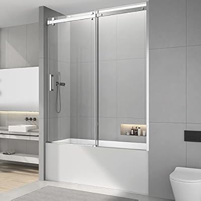 Sunrosa Semi-Frameless Tub Shower Door 59-2/8"60", Single Sliding Shower Door with Handle, Bathtub Shower Door with Tempered Glass, Chrome