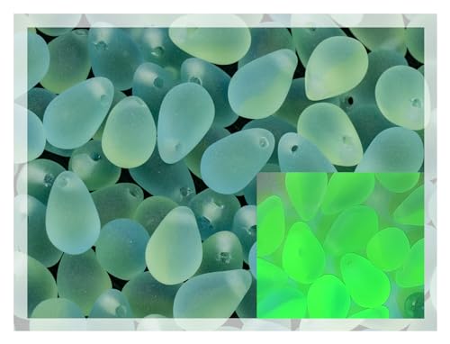 Czech 50-Piece Glass Beads, 6x9mm, Teardrop Glow Under Blacklight Transparent Blue Green Matte