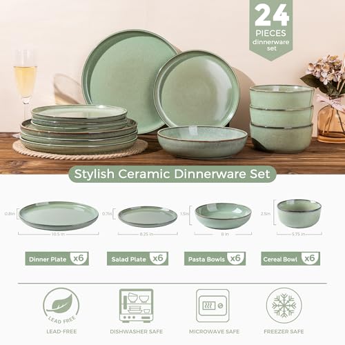 Image of GBHOME 24 Pieces Double Bowls Dinnerware Sets for 6, Stoneware Plates and Bowls Set with Reactive Glaze, Scratch Resistant Stoneware Dishes Set, Dishwasher & Microwave Safe