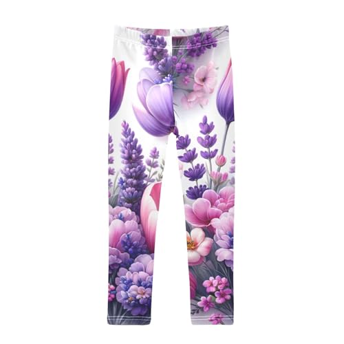 Pink and Purple Flowers Girls Leggings Stretchy Dance Pants for Kids