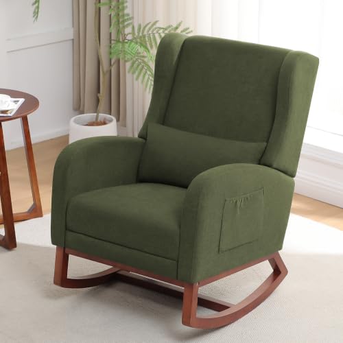 Image of HCHAIRH Rocking Chair Nursery, Nursery Rocking Chairs with Foot Rest, Comfy Glider Rocker Nursing Chair with Back Pillow for Nursing, Living Room, Bedroom, Dark Green