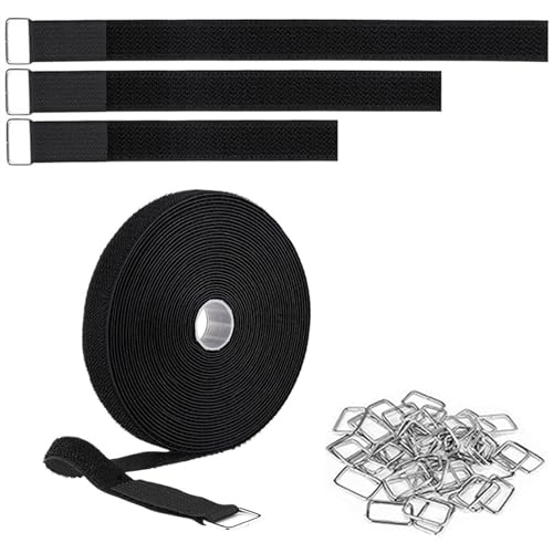 Image of Hook and Loop Straps Adhesive Hook & Loop Roll with 50 Buckles Cinch Strap Cable Management Reusable Nylon Strips for Organization and Storage (Black, 32.8 Feet /0.8 inch)