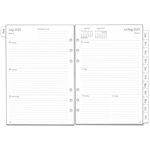 2025 2026 Wochenplaner Einlage A5 6 Löcher, auf Englisch, 1 Woche 2 Seiten mit Tabs, Extra Notizen Kontakt, von Aug.25 bis Jul.26, 100 gsm, Nachfüllung für Kalender 2025 2026 Planer
