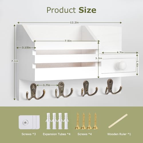 Image of Key Holder Wall Mount, Wooden Adhesive Mail and Key Organizer with Drawer, Small Shelf, 8 Hooks, 2 Installation Methods, White