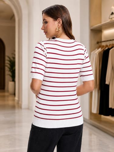 Image of Women Striped Short Sleeve Sweater Crew Neck Knit Top Pullover
