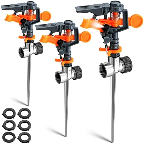 Pulsating Sprinklers with Metal Spike, Adjustable Rotating Impact Sprinkler Large Area Coverage Sprinklers for Yard Lawn Garden Above Ground Sprinkler System (Black and Orange, 3 Pieces)