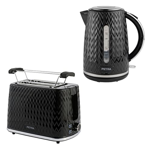 Petra PT3860BLK 2-Scheiben-Toaster – mit Brötchenaufsatz, 7 Röststufen, Auftauen, 930W und Petra PT3864BLK Chevron Wasserkocher – 1,7 l Fassungsvermögen, um 360° drehbarer Sockel, 2200 W, Schwarz