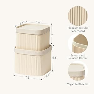 LA JOLIE MUSE Fluted Cardboard Storage Baskets with Leather-Like Lids, Paper Boxes Decorative Tray, Basket Organizer Bins for Jewelry Shelve Bathroom Bedroom Organizing, Beige, Set of 2 LA JOLIE MUSE Fluted Cardboard Storage Baskets with Leather Like Lids Paper Boxes Decorative Tray Basket Organizer Bins for Jewelry Shelve Bathroom Bedroom Organizing Beige Set of 2