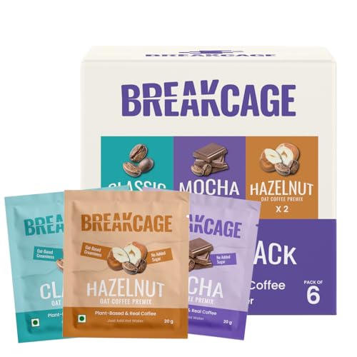 Image of BreakCage Oat Coffee Premix Assorted | Lactose Free | Hazelnut | Mocha | Classic | Pack of 6 | No Added Sugar | Vegan | High-Fiber | 120 Grams