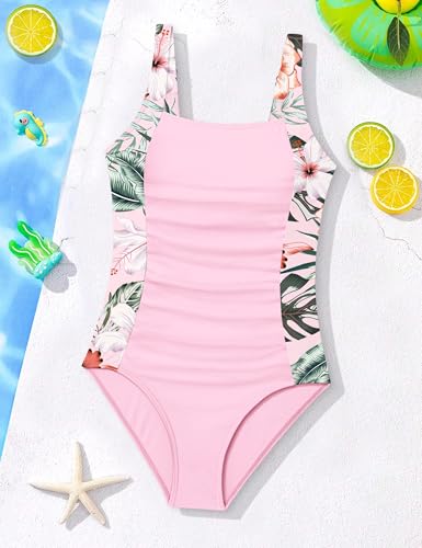 Image of BAVEDER Girls Swimsuit One Piece Swimsuits Solid Ruched Bathing Suit for Girls Full Coverage Modest Padded Swimwear 9-18y