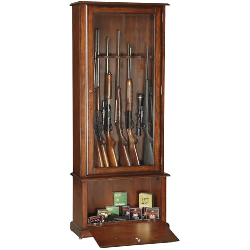 HomeStock Vintage Vogue Floor Mount Gun Cabinet with Locking Tempered Glass Door and Ammo Storage Locking Drop Down Door Safe Gun Cabinet Medium Brown/8 Gun