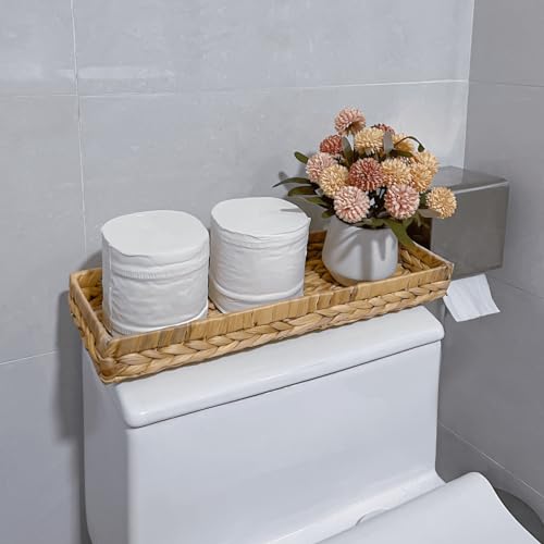 HAMOTOPI Toilet Tank Tray for Bathroom 16x6 in Back of Toilet Tray Vanity Tray Set for Bathroom Countertop Wicker Storage for Paper Hand Towel Rattan Toilet Tank Basket Woven Hyacinth Trays - Image 5