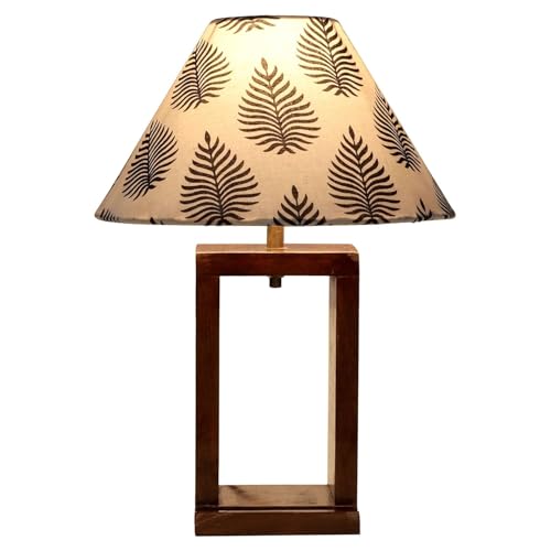 Image of tu casa Mango Wood Table Lamp | Cobra Saffron Print Satin Shade Bedside Lamp for Bedroom Living Room Study | Decorative Wooden Home Decor Lighting & Gifting