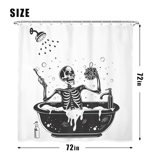 Image of 4PCS Funny Skull Skeleton Halloween 71Wx71H Inches Gothic Black White Shower Curtain Sets with Rugs, Toilet Lid Cover and Bath Mat, Spooky Bath Accessories Art Home Decor Fabric 12 Pack Hooks