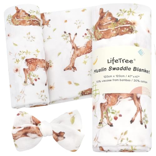 Image of LifeTree Baby Muslin Swaddle Blankets for Boys & Girls, Newborn Swaddle Set with Matching Headband Bow, Infant Blanket Wrap, 47 x 47 inches, Deer, 70% Viscose from Bamboo and 30% Cotton