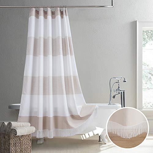 Sd Sdliving Hilary Boho Taupe Dyed Grid Polyester Tassel Stripes Waterproof Handmade Trim Shower Curtain For Bathroom,Fringe Border Fabric Bath Curtains,72" W X 72" H #TOP5