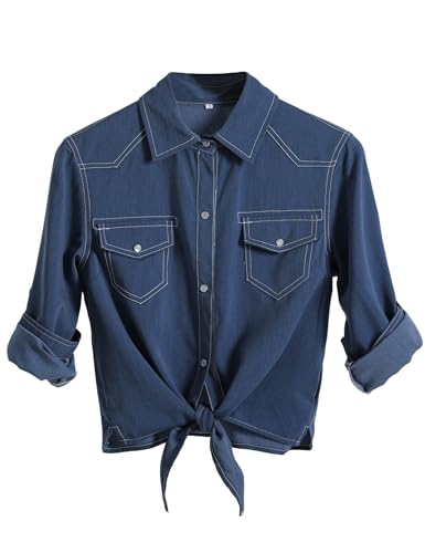 Omoone Women's 3/4 Sleeve Modern Denim Crop Top Tie Knot