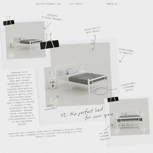 Image of Single Size Metal Bed Frame | SingleMetal Bed for Adults | Heavy Duty Iron Bed | Steel Bed Single | Single Metal Cot | Platform Bed | White MetalBed | Strong Steel Slats | No Box Spring Needed