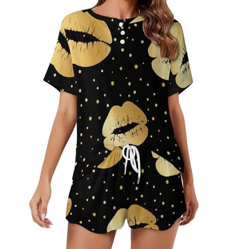 Sleepwear pyjama femme manches courtes Lèvres d'or vêtements de nuit ete respirant