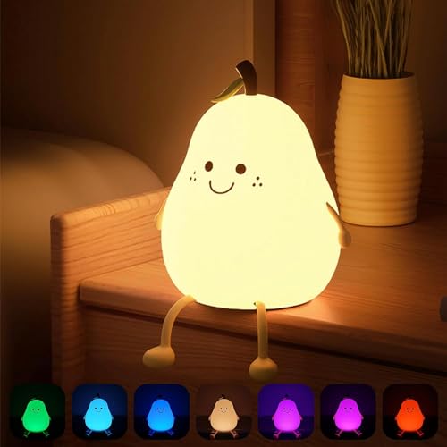 Image of MUID Pear Night Light For Kids Silicone Cute Lamp Nightstand Dimmable Bedroom Baby Fruit Nightlight Kawaii Bedside Room (Pear Lampled)
