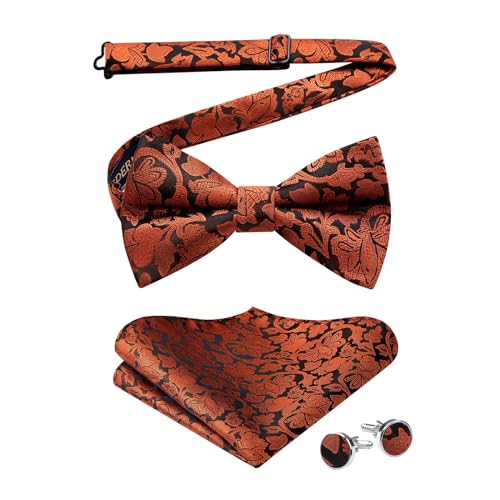 Image of HISDERN Bow Ties for Men Pre-Tied Bow Tie Floral Paisley Handkerchief Classic Formal Bowtie and Pocket Square Cufflinks Set