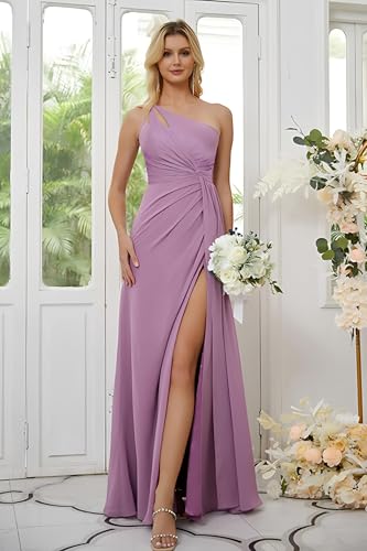 Image of OFEECHUN Women's Chiffon One Shoulder Bridesmaid Dresses Long Pleated Formal Evening Gowns with Slit