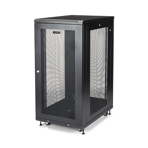 Image of StarTech 24U 4-Post Server Cabinet, 29in Deep, 992lb, Shelf (RK2433BKM) | 19in enclosed steel rack, Adjustable depth 1.8in-29in, Lockable mesh doors, Ships assembled, Casters, 450kg