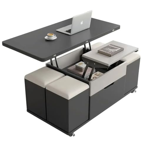 Mesa de centro multifuncional, con 4 taburetes de almacenamiento, mesa de comedor extensible y elevable para sala de estar, mesa central multifuncional 3 en 1 con compartimento de almacenamiento ocult