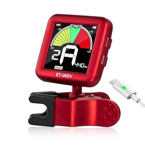 ENO MUSIC Rechargeable Type-C Quick Charge Easy Control Big LCD Display Easy Reading Clip-on Tuner for 4/4 Violin Viola Bass, Red