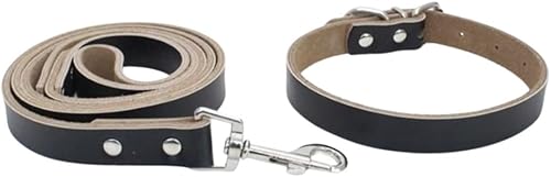 Buttery Soft Genuine Dog Leather Collar & Leash Set Heavy duty collar for small medium and large dogs, Comfortable Leather (Black Small-14 inch)