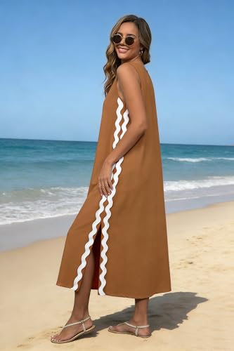 Image of utcoco Women's Summer Beach Boho Flowy Maxi Dress Casual Sleeveless V Neck Side Slit RIC Rac Tank Dress
