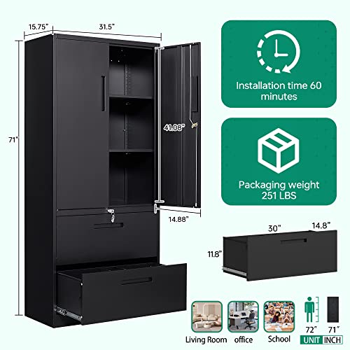 Letaya File Cabinet For Home Office,Metal Storage Cabinets With Lock And Adjust Shelves,2 Drawers Filing Cabinets-Hang Legal/Letter/A4/F4 Size Filing-Black #TOP2