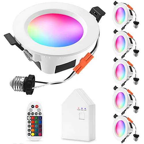 Smart LED Recessed Downlight with Remote Control & Smart Bridge, FVTLED 6pcs Wireless Bluetooth 9W 4 inch 700LM 2700K-6500K Dimmable RGBWC Multicolor Color LED Ceiling Spotlight Can Light