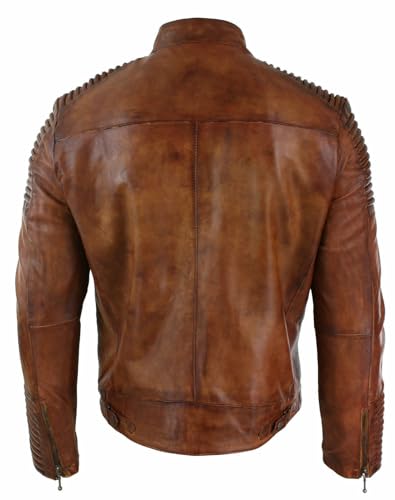 Image of Men's Leather Jacket Cafe Racer Biker Style Retro Stripes Jacket, Motorcycle Racing Leather Jacket (US, Alpha, Medium, Regular, Regular, S10) Brown Motorcycle Jacket