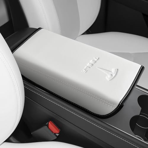 ILOTER Tesla Armrest Cover White Design for Model 3/Y 2017-2023,Leather Center Console Cover for Tesla Model 3/Y Interior Accessories White