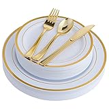 125PCS Gold Plastic Plates Include 25 Plastic Dinner Plates 25 Disposable Dessert Plates&Gold Disposable Silverware ,Plastic Dinnerware Set Providing for 25 Guests Suitable for Party,Wedding Halloween