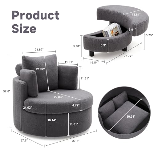 AYEASY Swivel Chair with Half Moon Storage Ottoman, Round Oversized Swivel Barrel Chair with Base Storage for Living Room, 360°Modern Swivel Accent Chair with 3 Pillows for Home, Teddy Fabric,Grey - Thumbnail 2