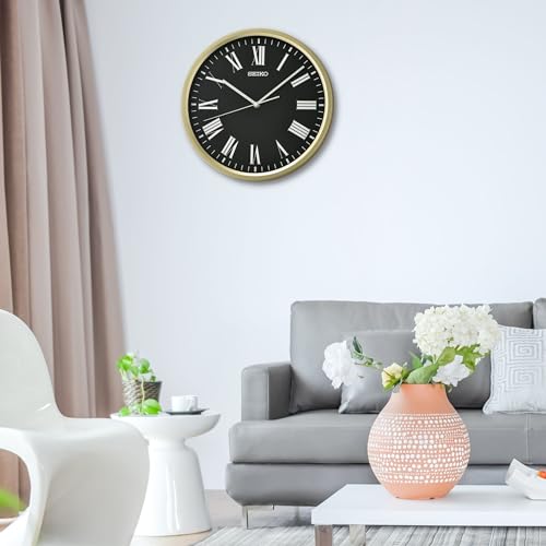Image of Seiko Classic Round Golden Plastic Analog Home Decor Roman Figure Black Dial Wall Clock with Sweep Movement (Size: 30.5 x 4.5 x 30.5 CM | Weight: 670 gram | Color: Golden)