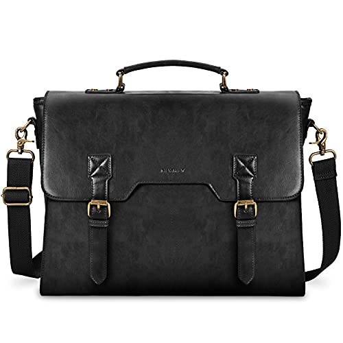 Leather Messenger Bag for Men 15.6 Inch Waterproof Laptop Briefcase Large Leather Satchel Laptop Messenger Bag Vintage Shoulder Bag Office Travel Business Computer Bag Black